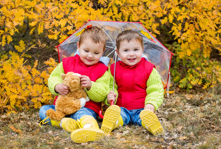 Happy toddler children under an umbrella in the autumnの写真素材