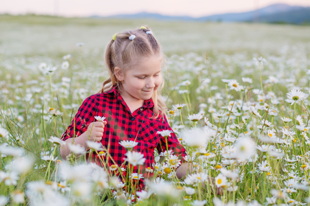 Cute little smiling girl in the chamomile field in springの写真素材