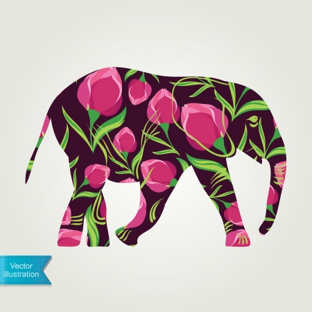 Cartoon elephant. The silhouette of the elephant collected from flower pattern.のイラスト素材