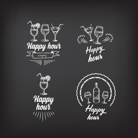 Happy hour party invitation. Cocktail chalkboard banner.のイラスト素材