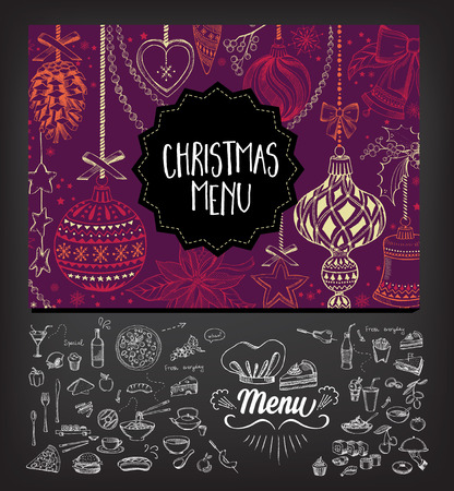 Vector christmas restaurant brochure, menu design. Vector holiday template with xmas hand-drawn graphic. Happy New Year invitation flyer.のイラスト素材