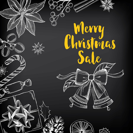 Vector christmas sale poster with toys. Holiday background and design banner. Vector banner with handdrawn xmas graphic.のイラスト素材