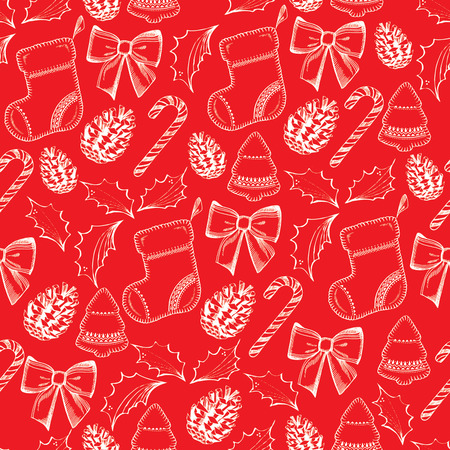 Vector merry christmas seamless pattern, holiday design. Vector holiday background with xmas hand-drawn graphic. Happy New Year illustration.のイラスト素材