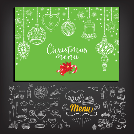 Vector christmas restaurant brochure, menu design. Vector holiday template with xmas hand-drawn graphic. Happy New Year invitation flyer.のイラスト素材