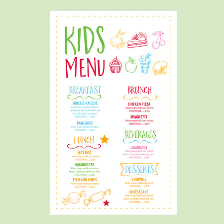Vector restaurant brochure, kids menu design. Vector cafe template with hand-drawn graphic. Food flyer.のイラスト素材