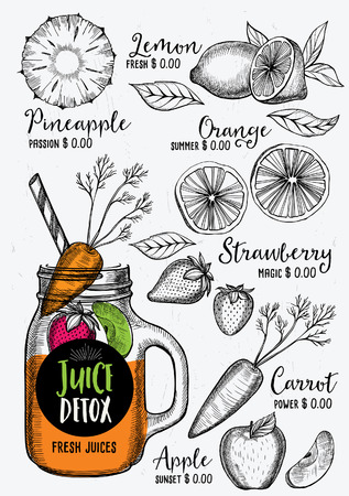 Juice menu placemat drink restaurant brochure, dessert template design. Vintage creative beverage template with hand-drawn graphic. Vector food menu flyer.のイラスト素材