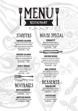 Menu placemat food restaurant brochure, template design. Vintage creative dinner board flyer with hand-drawn graphic.のイラスト素材