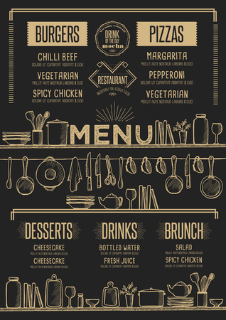 Cafe menu food placemat brochure, restaurant template design. Creative vintage brunch flyer with hand-drawn graphic.のイラスト素材