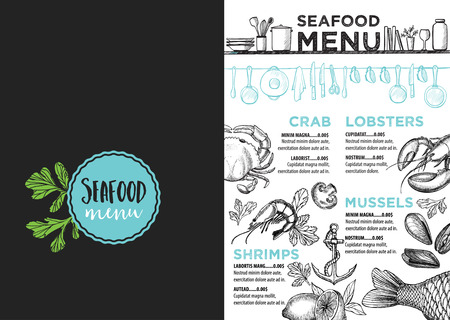 Seafood menu placemat food restaurant brochure, template design. Vintage creative dinner flyer with hand-drawn graphic.のイラスト素材