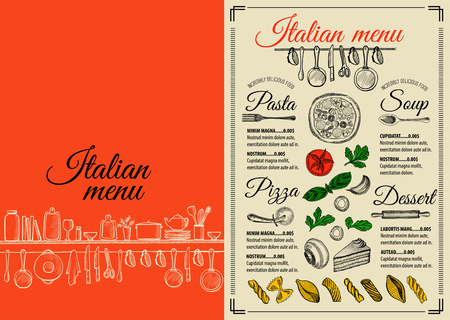 Italian menu placemat food restaurant brochure, template design. Vintage creative pizza flyer with hand-drawn graphic.のイラスト素材