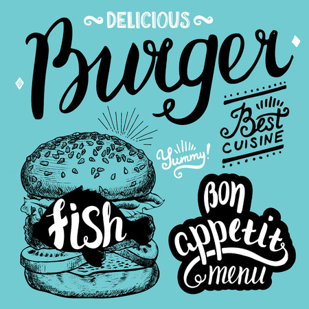 Burger food element for restaurant and cafe. Design poster with hand-drawn graphic elements in doodle style.のイラスト素材
