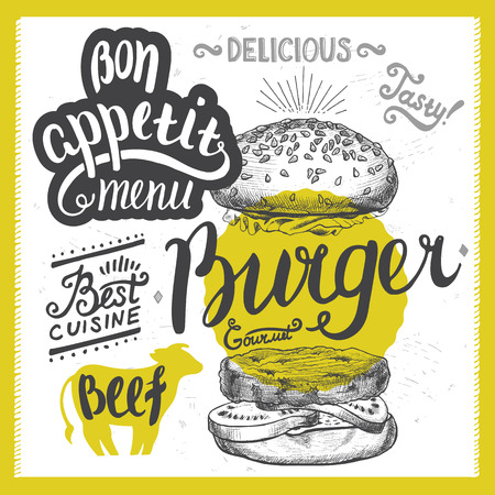 Burger food element for restaurant and cafe. Design poster with hand-drawn graphic elements in doodle style.のイラスト素材