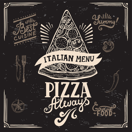 Pizza menu graphic element for restaurant and cafe. Design poster with hand-drawn elements in doodle style.のイラスト素材