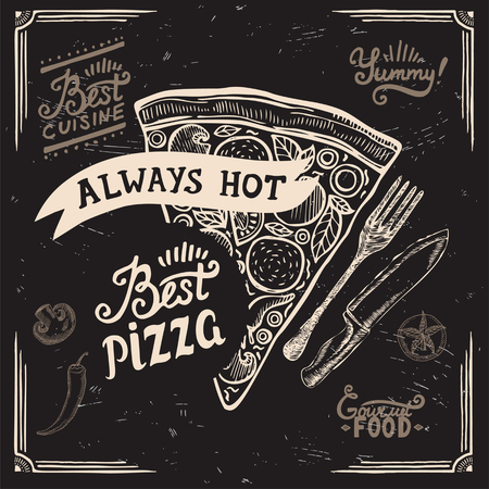 Pizza menu graphic element for restaurant and cafe. Design poster with hand-drawn elements in doodle style.のイラスト素材