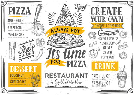 Pizza food menu for restaurant and cafe. Design template with hand-drawn graphic elements in doodle style.のイラスト素材