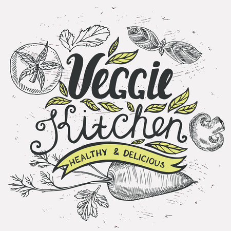 Vegan food poster for restaurant and cafe. Design with hand-drawn graphic elements in doodle style.のイラスト素材