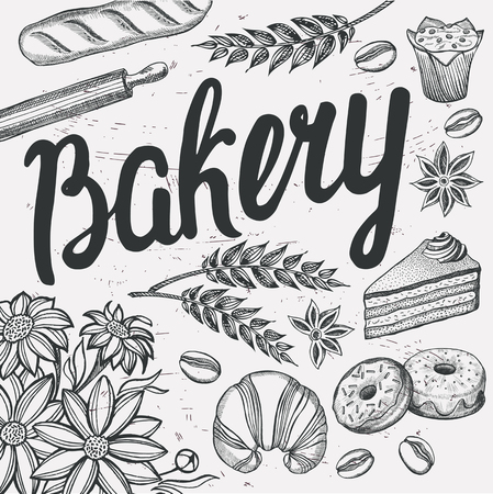 Bakery poster for restaurant and cafe. Design template with hand-drawn graphic elements in doodle style.のイラスト素材