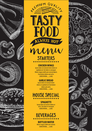 Food menu for restaurant and cafe. Design template with hand-drawn graphic elements in doodle style.のイラスト素材