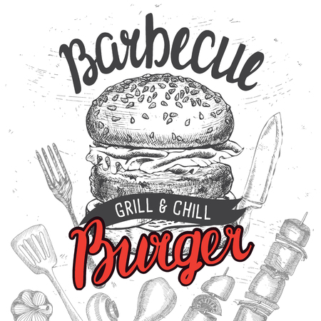 Barbecue party invitation. Design template with hand-drawn graphic elements in doodle style.のイラスト素材
