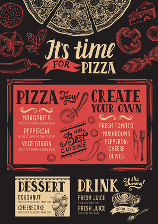 Pizza food menu for restaurant and cafe. Design template with hand-drawn graphic elements in doodle style.のイラスト素材