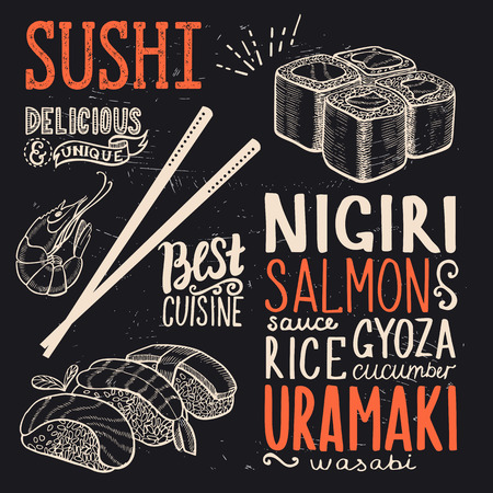Sushi menu for restaurant and cafe. Design template with food hand-drawn graphic illustrations.のイラスト素材
