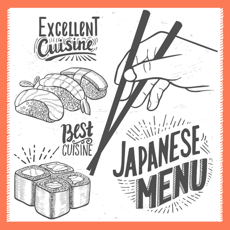 Sushi menu for restaurant and cafe. Design template with food hand-drawn graphic illustrations.のイラスト素材