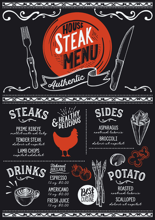 Steak menu for restaurant and cafe. Design template with food hand-drawn graphic illustrations.のイラスト素材