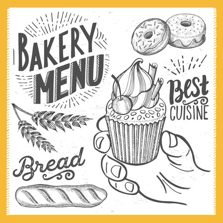 Bakery dessert menu for restaurant and cafe. Design template with food hand-drawn graphic illustrations.のイラスト素材