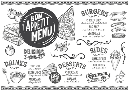 Food menu for restaurant and cafe. Design template with hand-drawn graphic illustrations.のイラスト素材