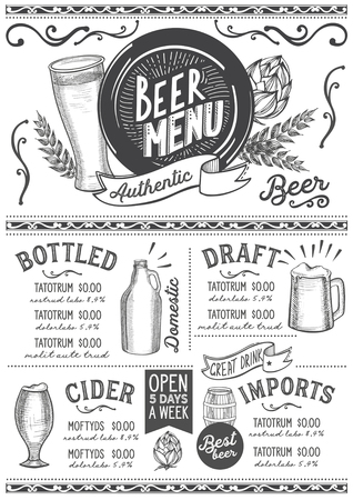 Beer drink menu for restaurant and cafe. Design template with hand-drawn graphic illustrations.のイラスト素材