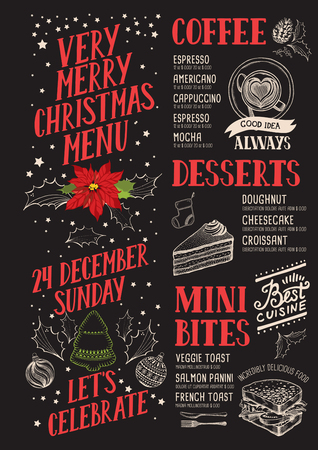 Christmas food menu for restaurant and cafe. Design template with holiday hand-drawn graphic illustrations.のイラスト素材
