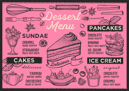 Dessert restaurant menu. Vector food flyer for bar and cafe. Design template with vintage hand-drawn illustrations.のイラスト素材