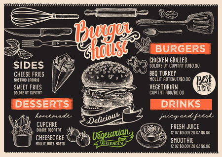 Burger restaurant menu. Vector food flyer for bar and cafe. Design template with vintage hand-drawn illustrations.のイラスト素材