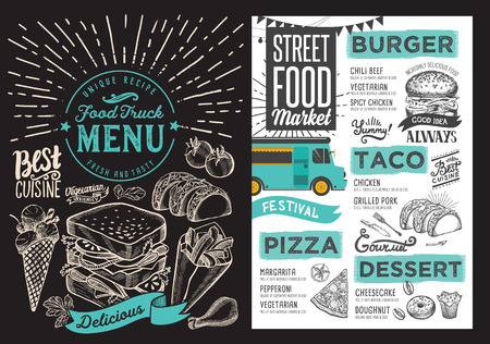 Food truck menu for street festival on blackboard background. Design template with hand-drawn graphic illustrations.のイラスト素材