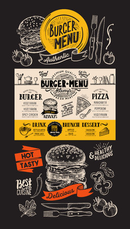 Burger restaurant menu. Food flyer for fastfood bar and cafe. Design template with vintage hand-drawn illustrations.のイラスト素材