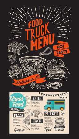 Food truck menu for street fest. Design template with mexican hand-drawn graphic illustrations.のイラスト素材