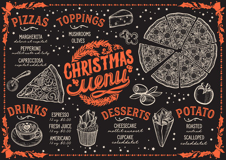 Christmas menu template for pizza restaurant on blackboardのイラスト素材