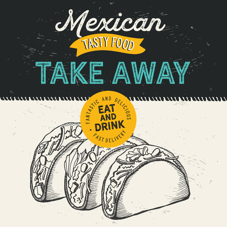 Mexican food illustrations - burrito, tacos, quesadilla for restaurant.のイラスト素材