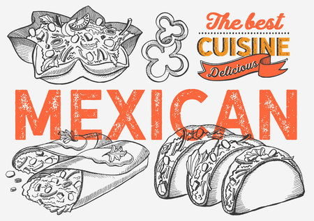 Mexican food illustrations - burrito, tacos, quesadilla for restaurant. Vector hand drawn poster for cafe and bar. Design with lettering and doodle vintage graphic.のイラスト素材