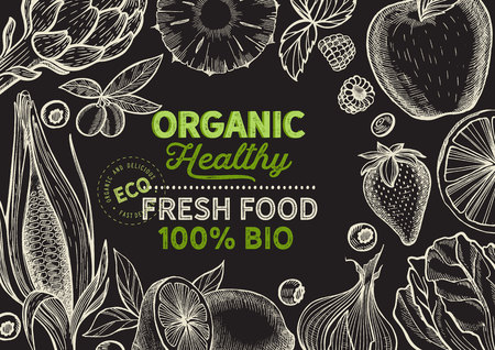 Vegetables and fruits illustration for farm market on background. Vector hand drawn organic and vegetarian food. Design poster with lettering and doodle vintage graphic.のイラスト素材