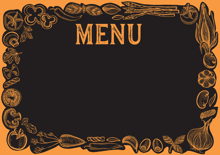 Chalkboard menu template for restaurant. Vector illustration background for food and drink cafe. Design layout with vintage lettering and frame of hand drawn ingredients.のイラスト素材