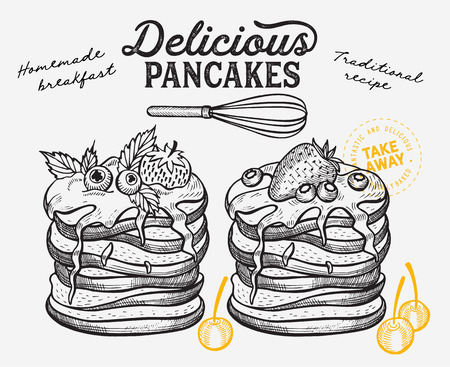 Waffle, pancake, crepe illustration for restaurant on vintage background. Vector hand drawn dessert icons for food cafe and bakery. Design with lettering and doodle graphic fruits.のイラスト素材