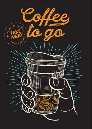 Coffee to go illustration for restaurant on vintage background. Vector hand drawn poster for cafe and drink truck. Design with lettering and doodle graphic elements.のイラスト素材