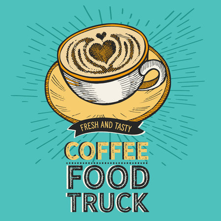 Coffee illustration for restaurant on vintage background. Vector hand drawn poster for cafe and drink truck. Design with lettering and doodle graphic elements.のイラスト素材