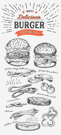 Burger illustration for restaurant on vintage background. Vector hand drawn poster for fast food cafe and hamburger truck. Design with lettering and doodle graphic vegetables.のイラスト素材