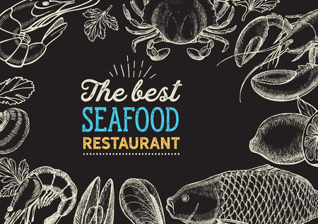 Seafood illustration - fish, crab, lobster, shrimp, mussel for restaurant menu. Vector hand drawn poster for food cafe and meal truck. Design with lettering and doodle vintage graphic.のイラスト素材