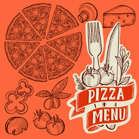 Pizza illustration for restaurant on vintageのイラスト素材