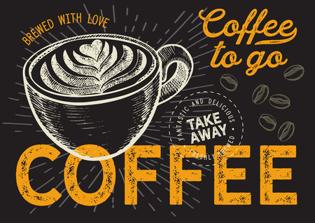 Coffee illustration for restaurant on vintage background. Vector hand drawn poster for cafe and drink truck. Design with lettering and doodle graphic elements.のイラスト素材