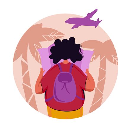 Young woman tourist with backpack traveling during holiday trip. Looking the map to find new adventures.Vacation concept tropical background.Vector illustration with flat cartoon characters.のイラスト素材