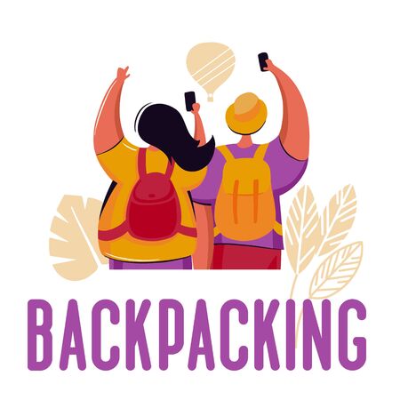 Couple of young people, man and woman with backpacks traveling on holiday tripのイラスト素材